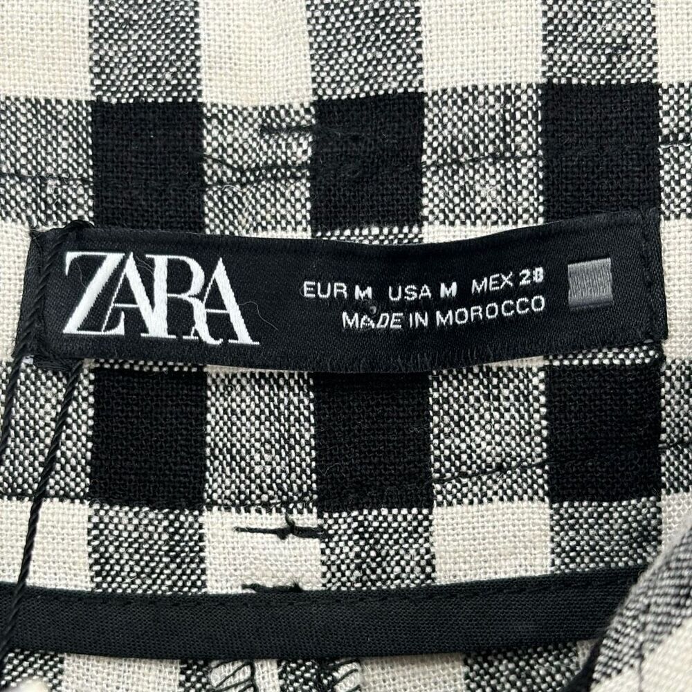 Zara Black & White Check Linen Blend‎ Paper Bag Tie Waist Shorts Medium NWT - Picture 2 of 10